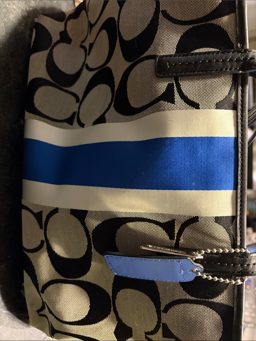 Coach Black and Cream Signature Tote with Blue Accent
